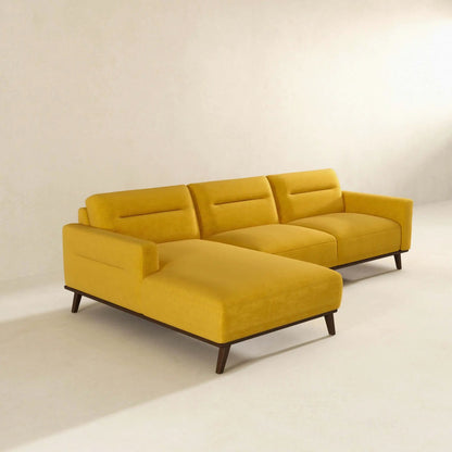 Ella L-shaped sectional couch mustard yellow fabric with dark wood legs by Unique Piece Furniture on Tampa Home & Garden Store