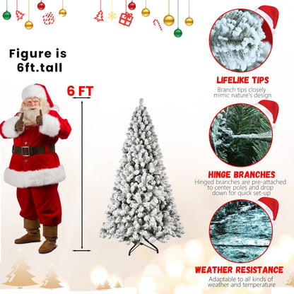9-Foot Pre-Lit Snow-Flocked Christmas Tree by HouseOfZazla, hinged branches, weather resistant on Tampa Home & Garden Store
