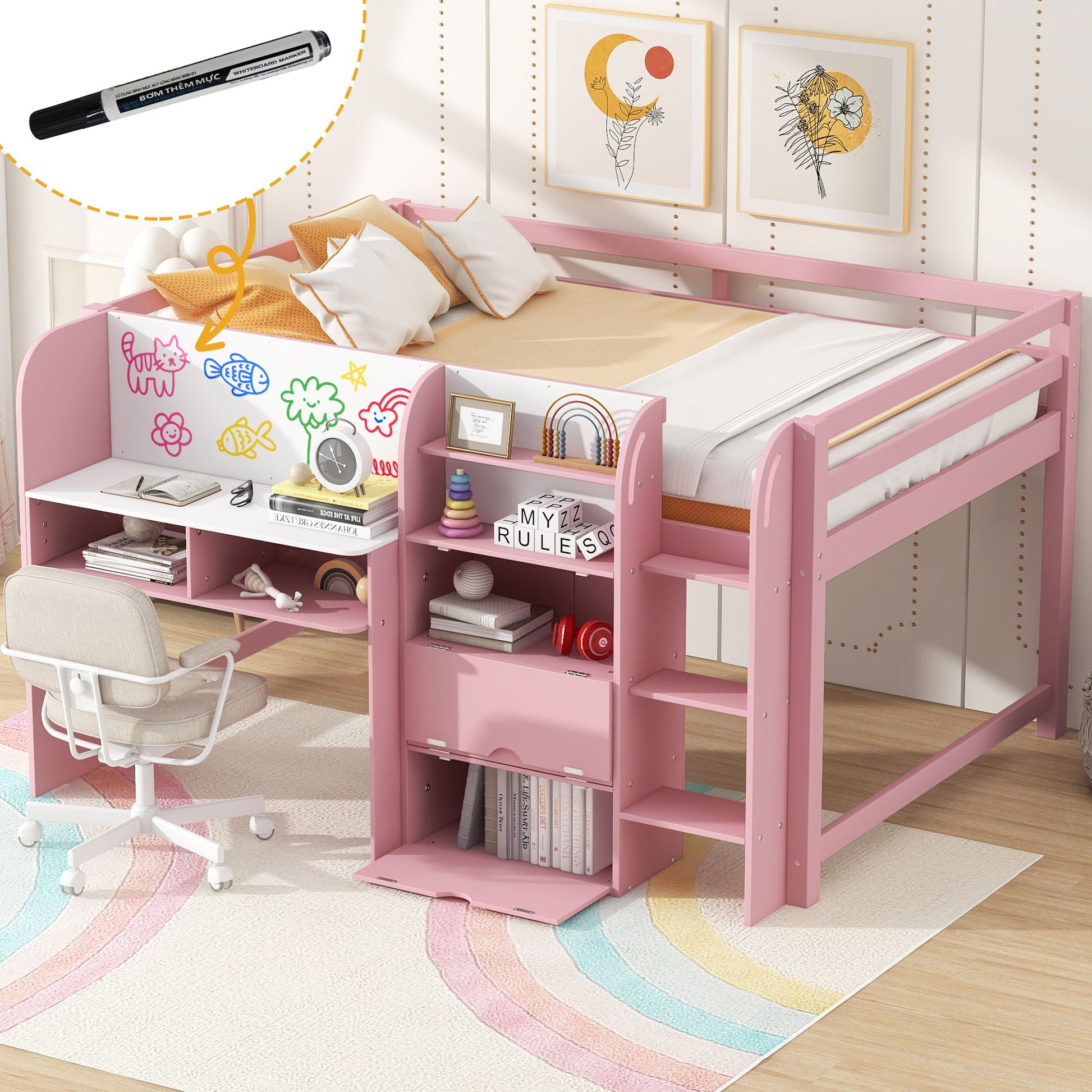 Pink low loft bed with built-in desk, open bookcase and doodle board by HouseOfZazla on Tampa Home & Garden Store