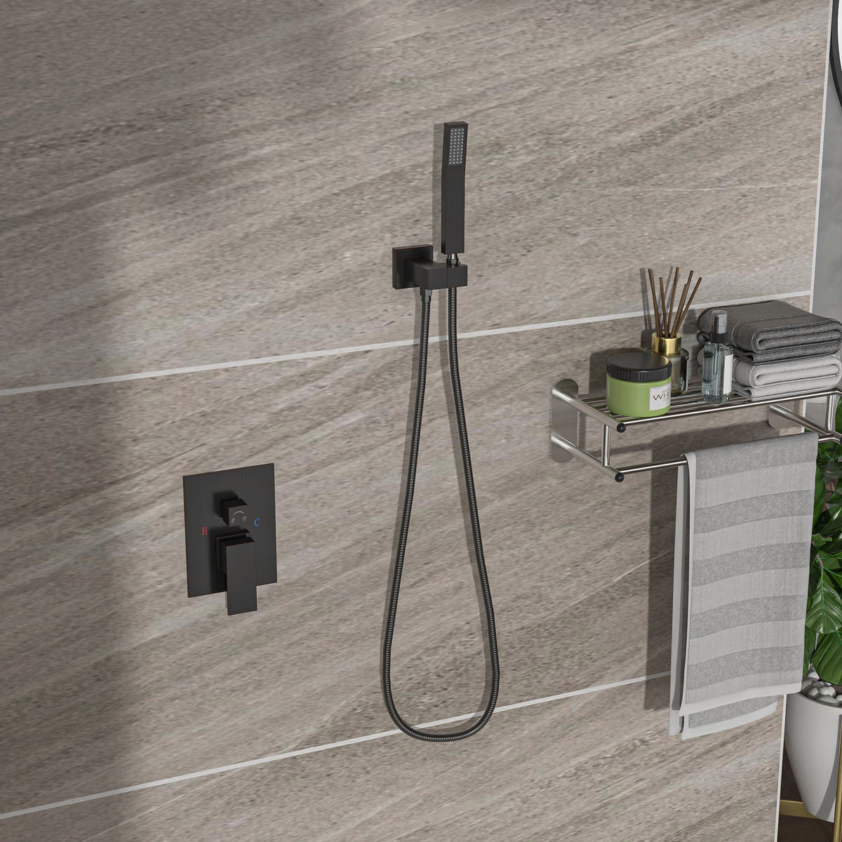 Dual shower head system with 16-inch ceiling mount, gray finish and pressure-balanced valve on Tampa Home & Garden Store