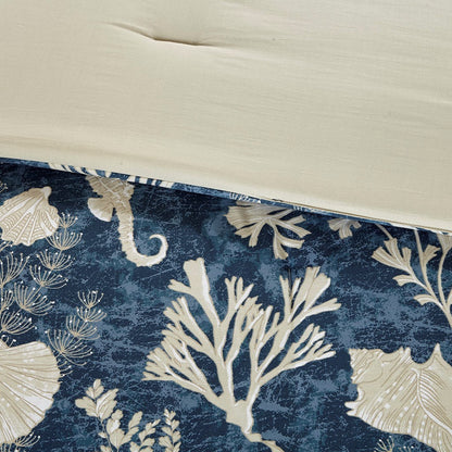 7 Piece Cotton Sateen Comforter Set Blue Cal King with white coral reef print on navy background on Tampa Home & Garden Store