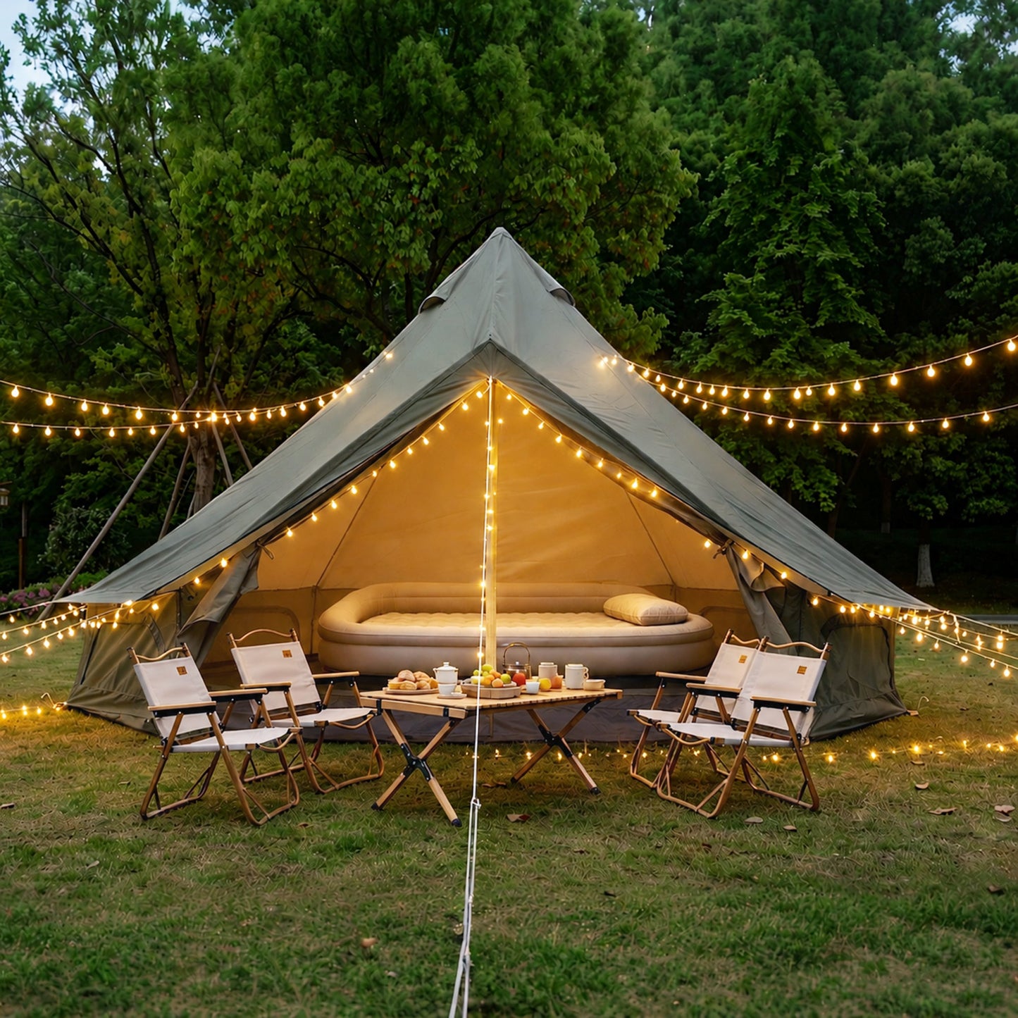 Oxford Bell Tent for Family Camping by HouseOfZazla in beige canvas with warm string lights on Tampa Home & Garden Store
