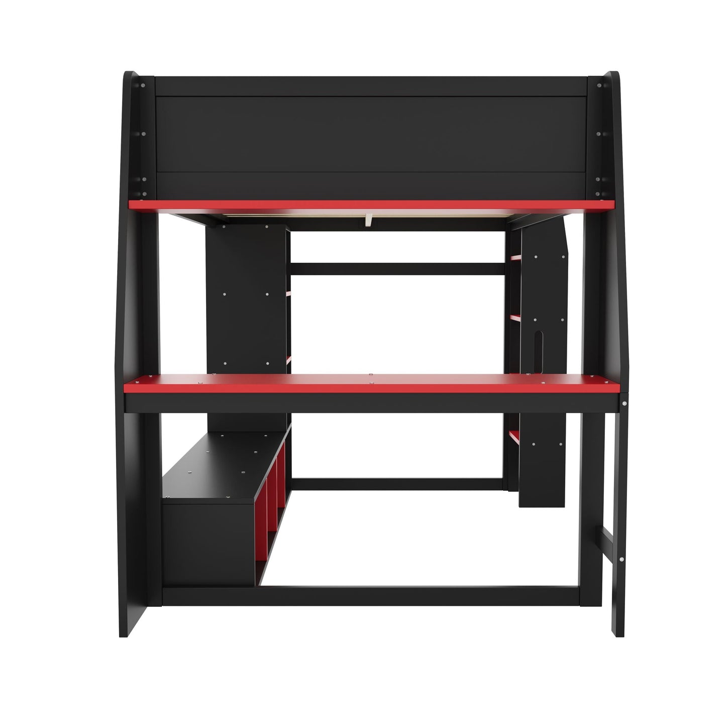 Gaming loft bed frame in black with red trim, built-in desk and open storage shelves on Tampa Home & Garden Store