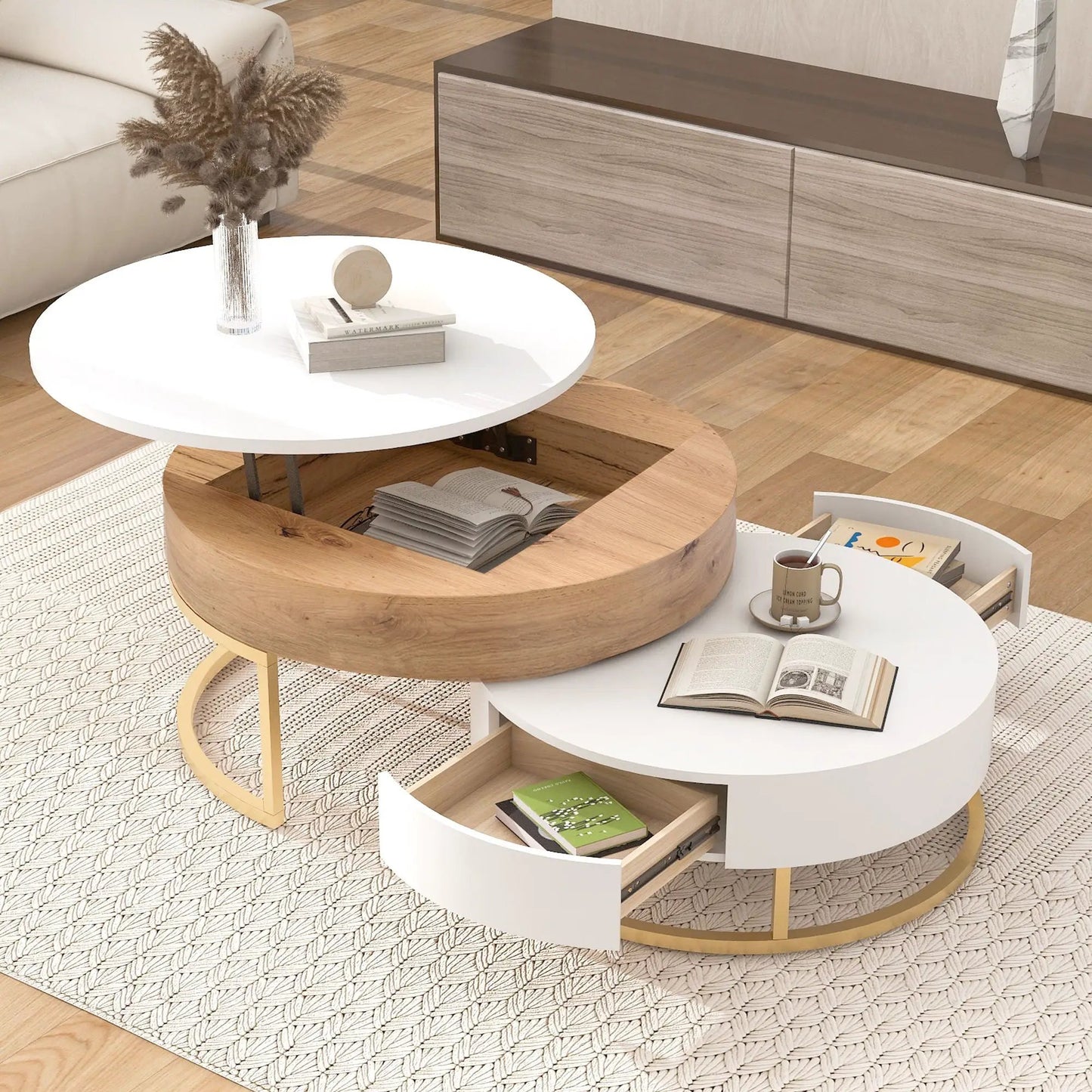Round Lift-Top Nesting Coffee Tables with Drawers