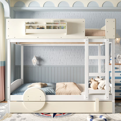 Full Bunk Bed with Trundle and Pine Bookshelf