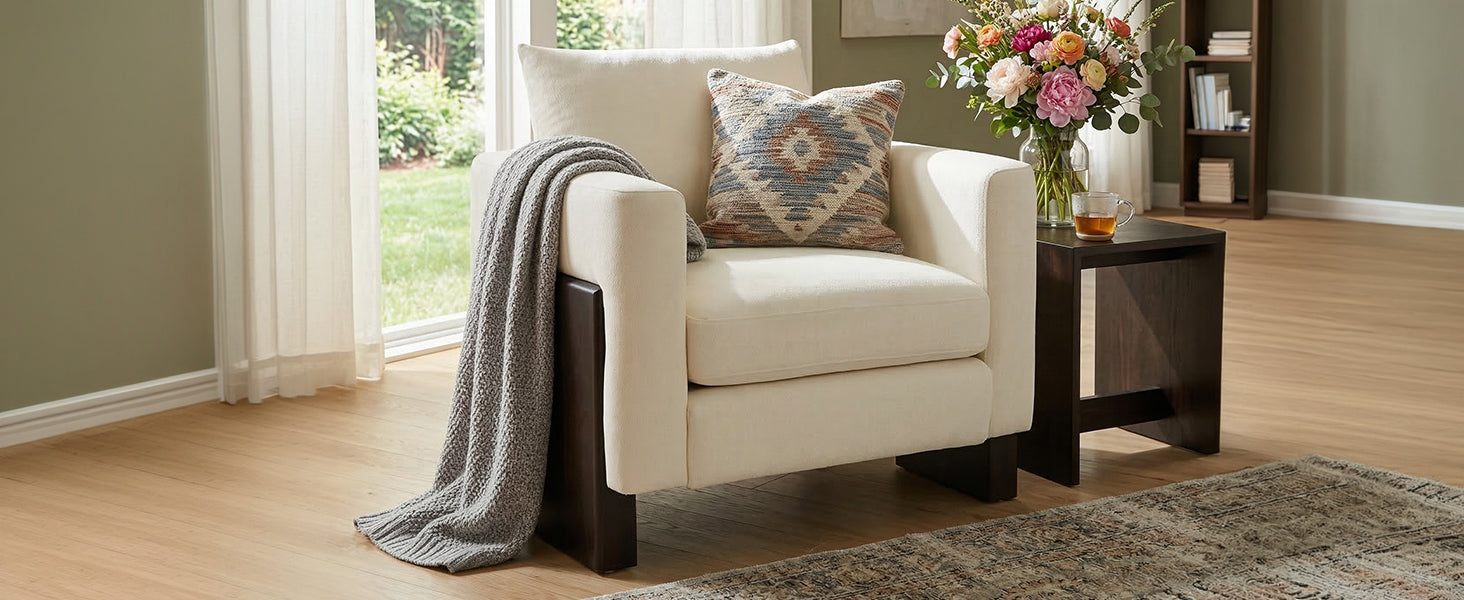 HouseOfZazla Modern Accent Chair cream upholstery with dark rubberwood legs on Tampa Home & Garden Store