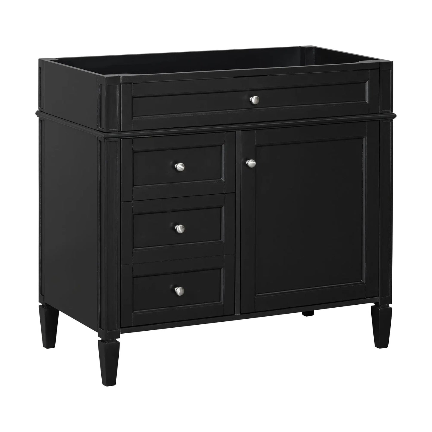 Black bathroom vanity base with two drawers, tip-out drawer, and storage cabinet on tapered legs on Tampa Home & Garden Store