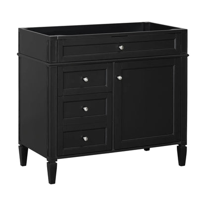 Black bathroom vanity base with two drawers, tip-out drawer, and storage cabinet on tapered legs on Tampa Home & Garden Store