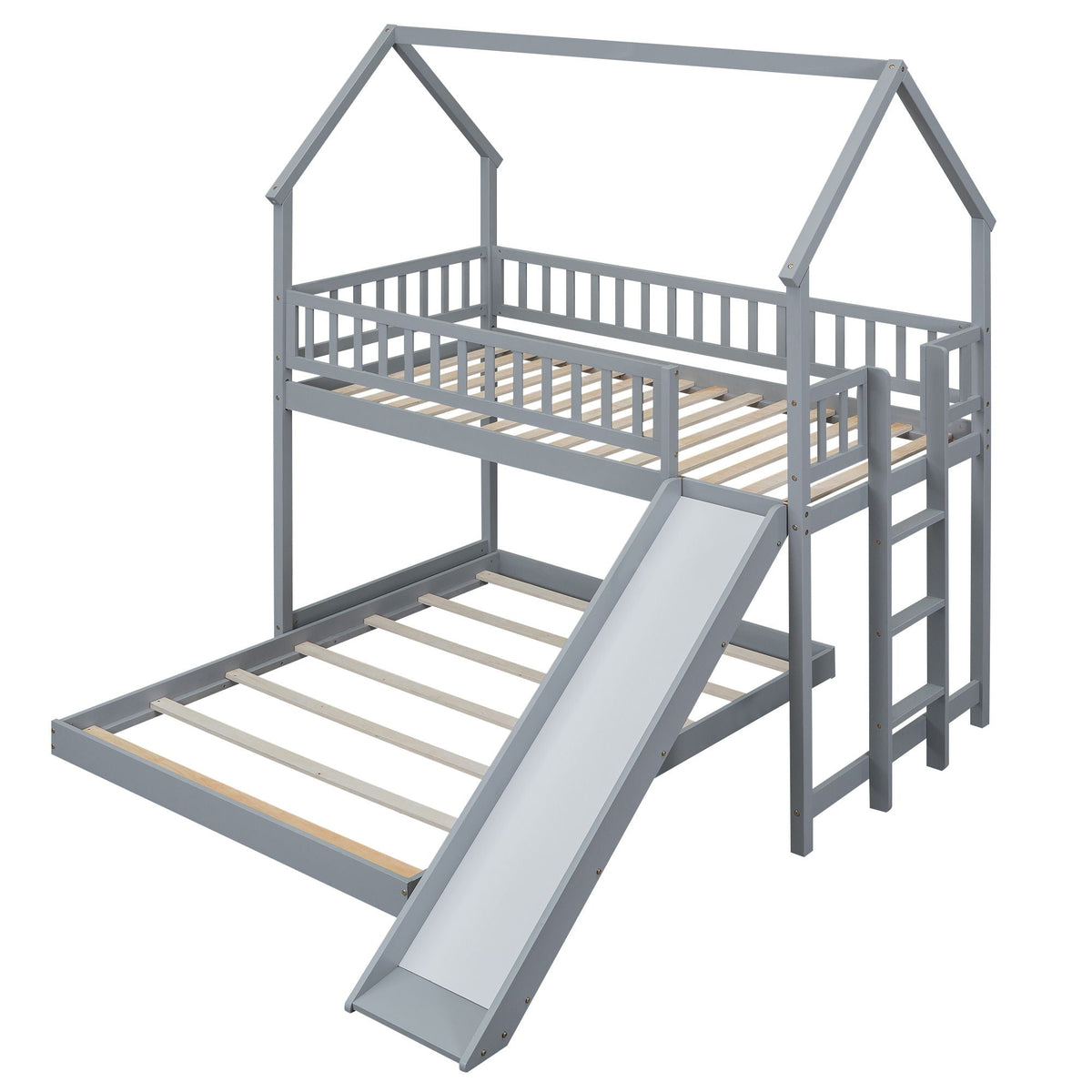 HouseOfZazla bunk bed with built-in ladder and slide, gray house-frame design on Tampa Home & Garden Store