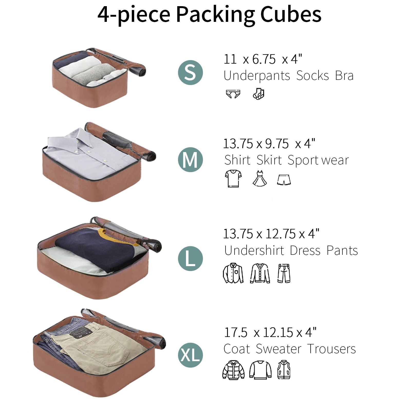 HouseOfZazla 4-piece packing cubes set in brown fabric with clothes; sizes S/M/L/XL on Tampa Home & Garden Store