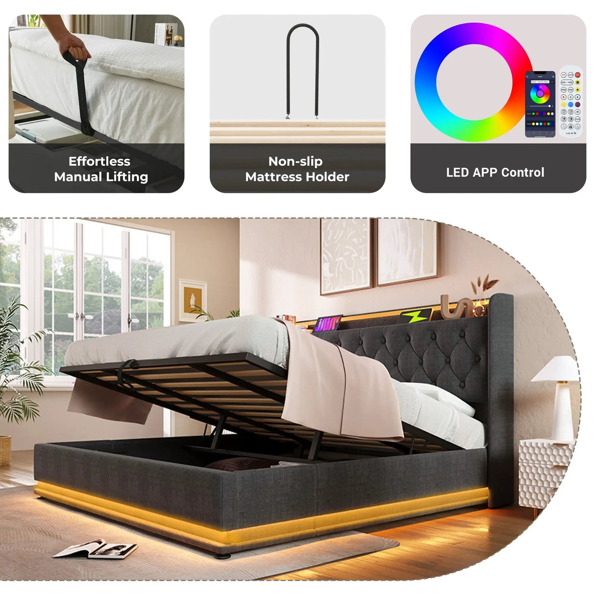 Upholstered storage bed with hydraulic lift and 360 LED app control, USB-C charging on Tampa Home & Garden Store
