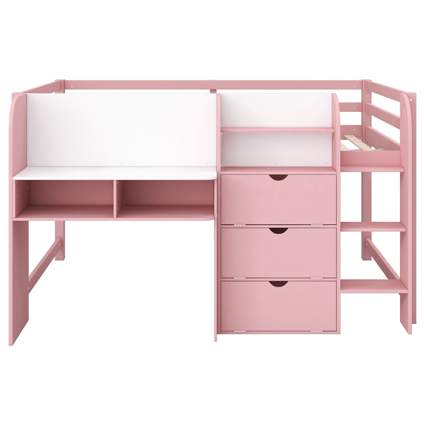 Pink low loft bed with built-in desk, open bookcase and storage drawers by HouseOfZazla on Tampa Home & Garden Store