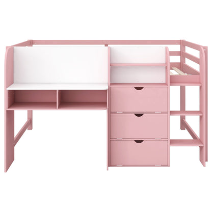 Pink low loft bed with built-in desk, open bookcase and storage drawers by HouseOfZazla on Tampa Home & Garden Store