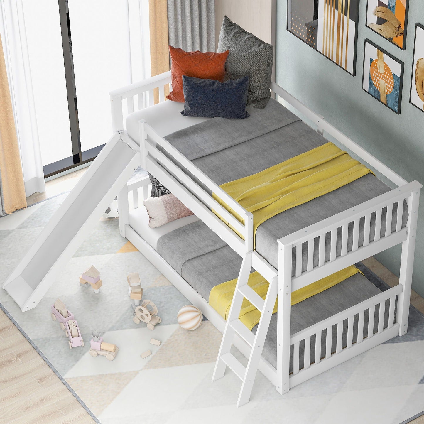 Bunk bed with convertible slide and ladder, white wooden frame, HouseOfZazla on Tampa Home & Garden Store