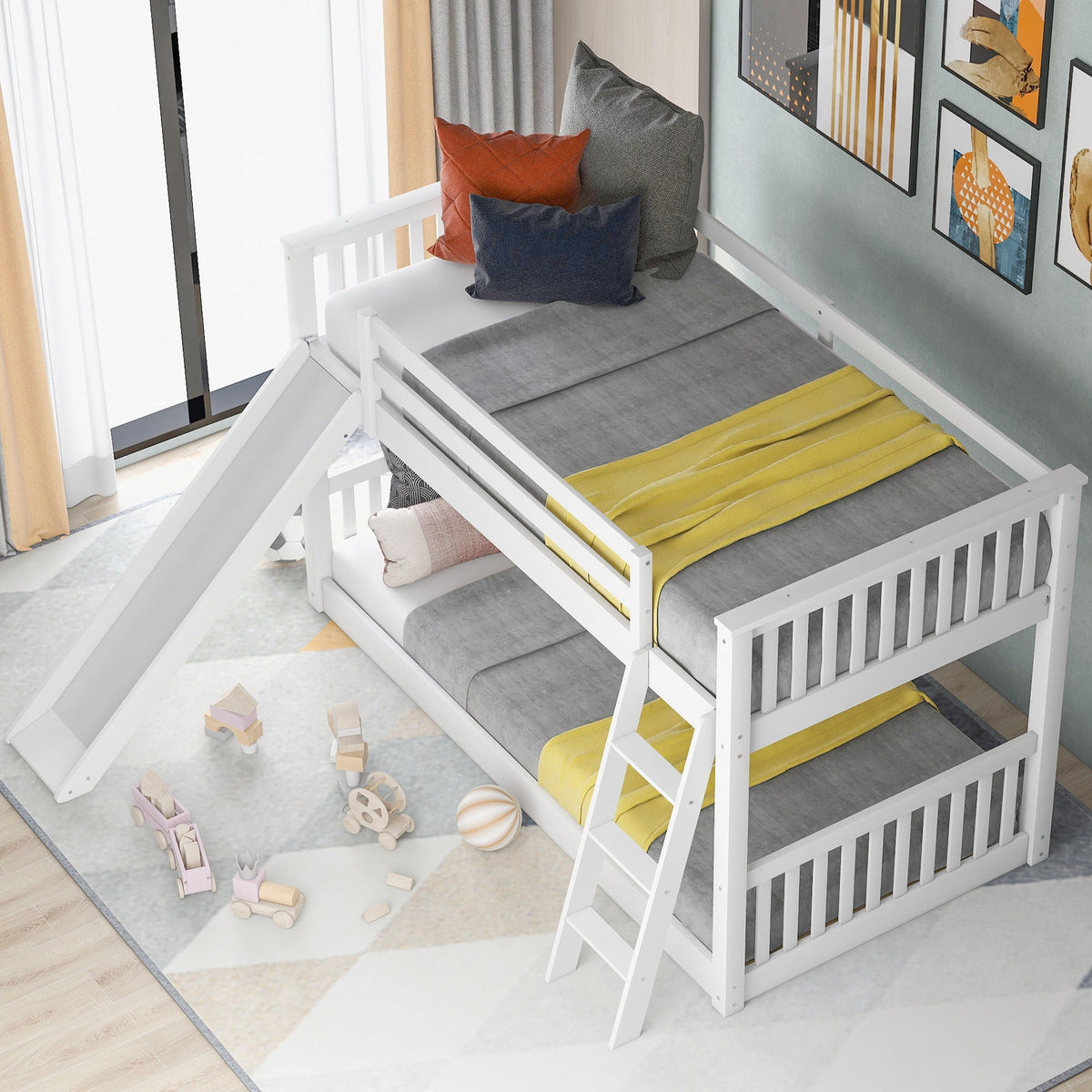 Bunk bed with convertible slide and ladder, white wooden frame, HouseOfZazla on Tampa Home & Garden Store