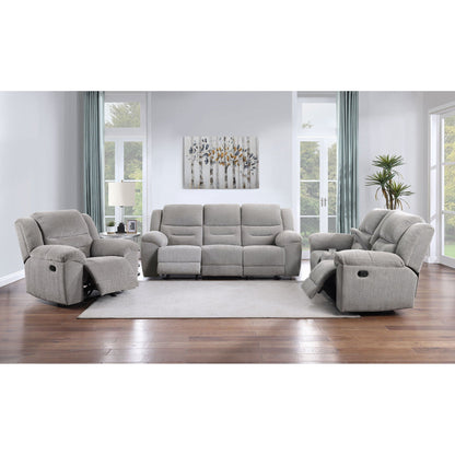 Sebring gray upholstered glider recliner chairs with manual recline, in a matching sofa set on Tampa Home & Garden Store