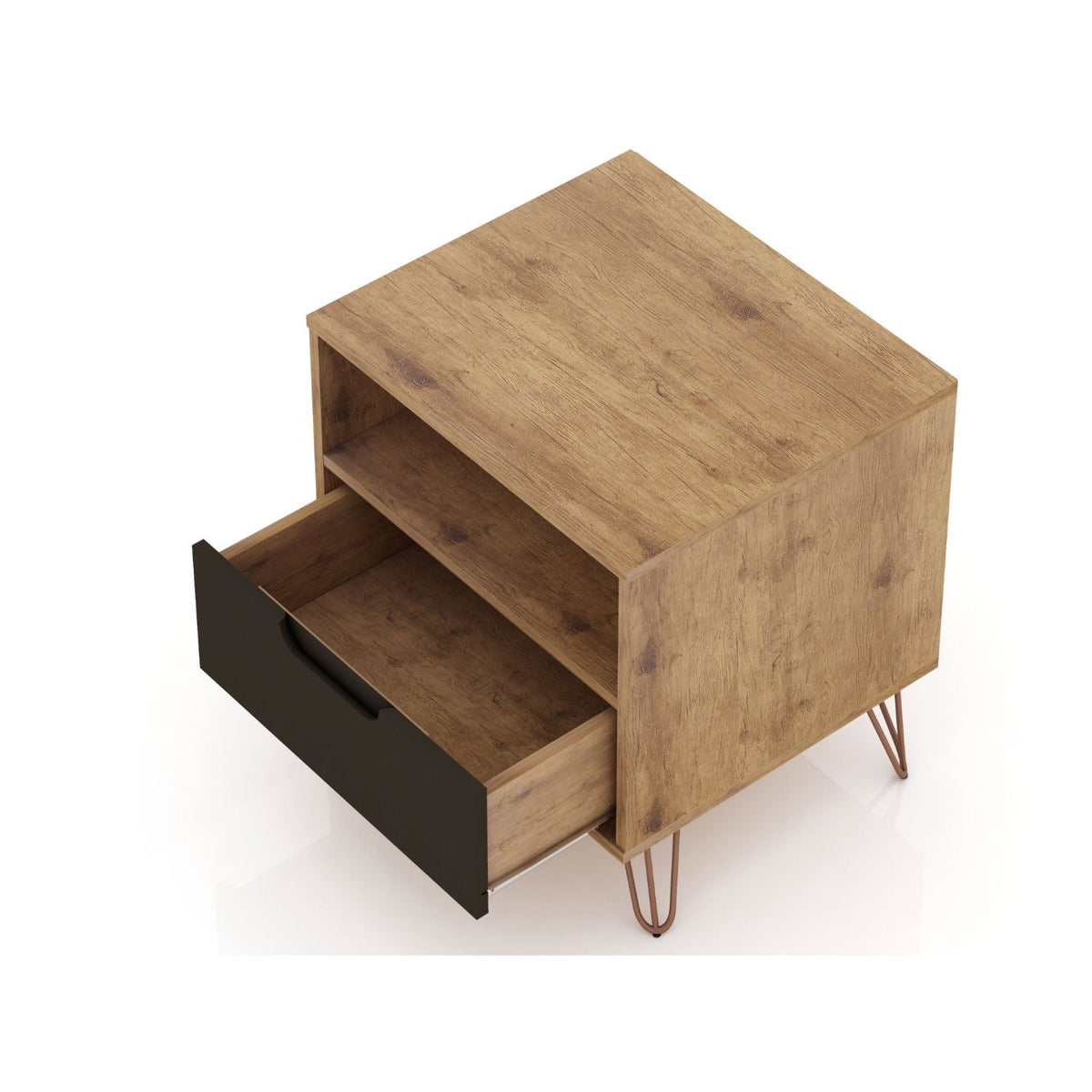 Rockefeller Nightstand with 1 Drawer and Splayed Legs in oak finish with black drawer front on Tampa Home & Garden Store