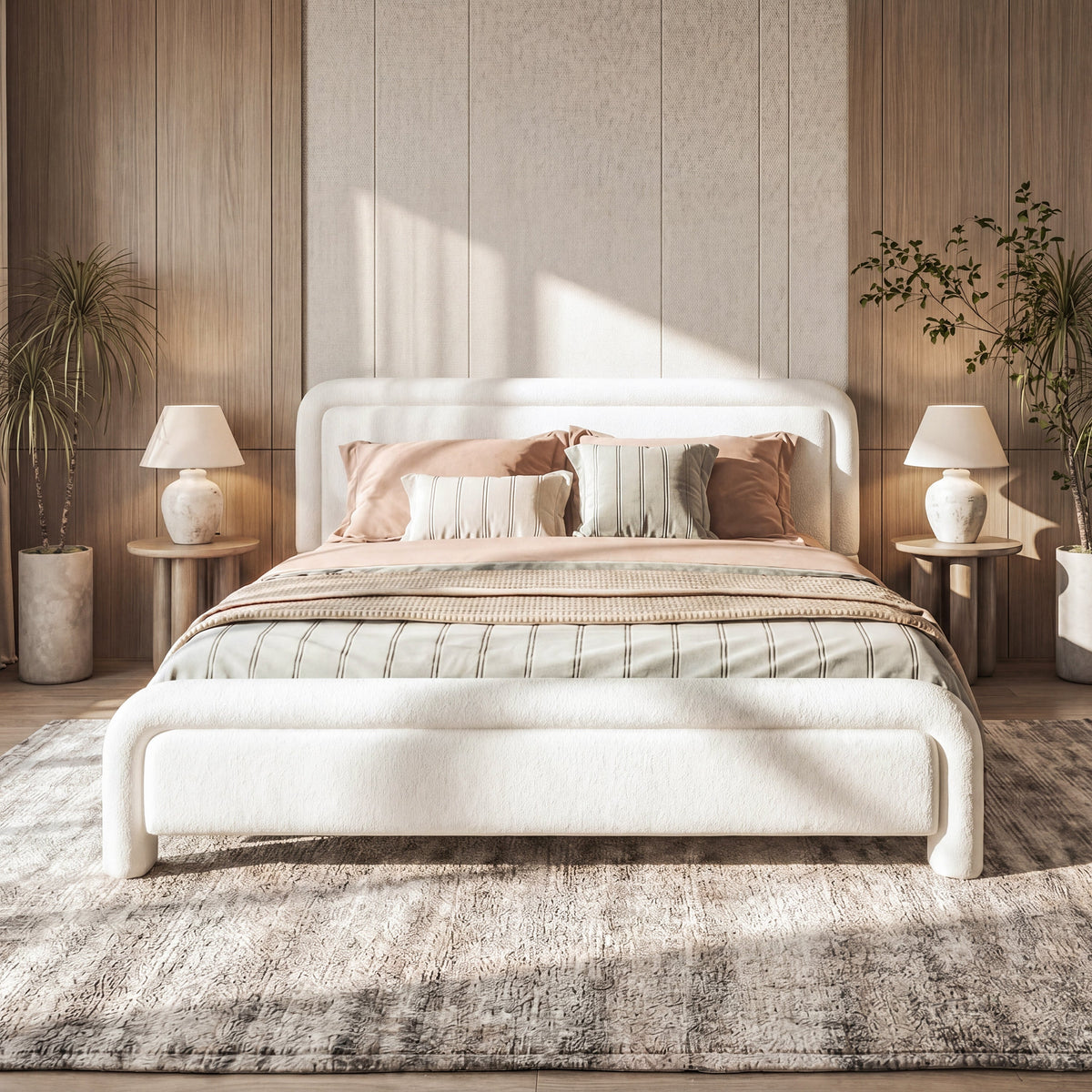 Queen size upholstered platform bed frame in white fabric by HouseOfZazla with beige bedding on Tampa Home & Garden Store