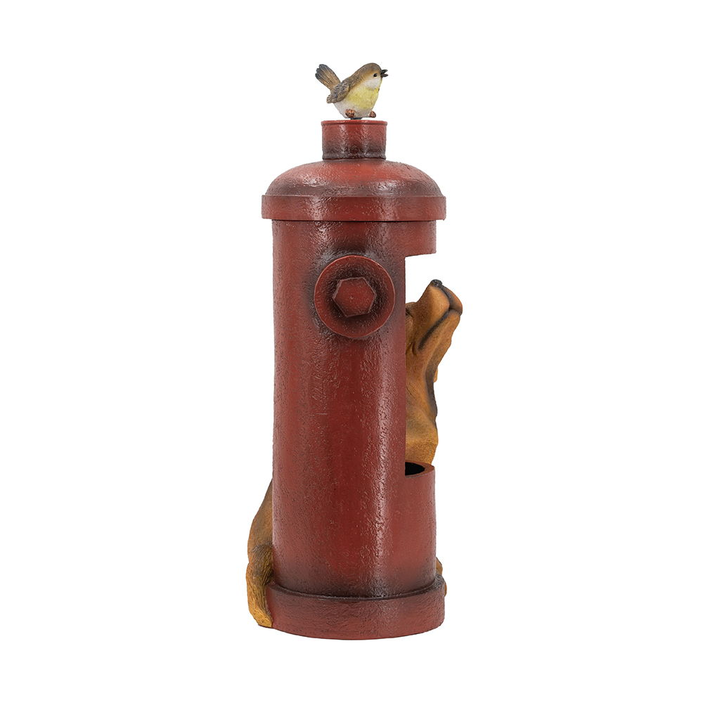 Red hydrant water fountain with a dog peeking around and a bird on top by HouseOfZazla on Tampa Home & Garden Store