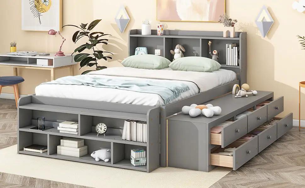Bed With Bookcase Headboard and Under Bed Storage