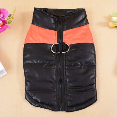 Dog ski wear outdoor coat vest by Pet Zen in black with orange chest stripe and metal D-ring on Tampa Home & Garden Store