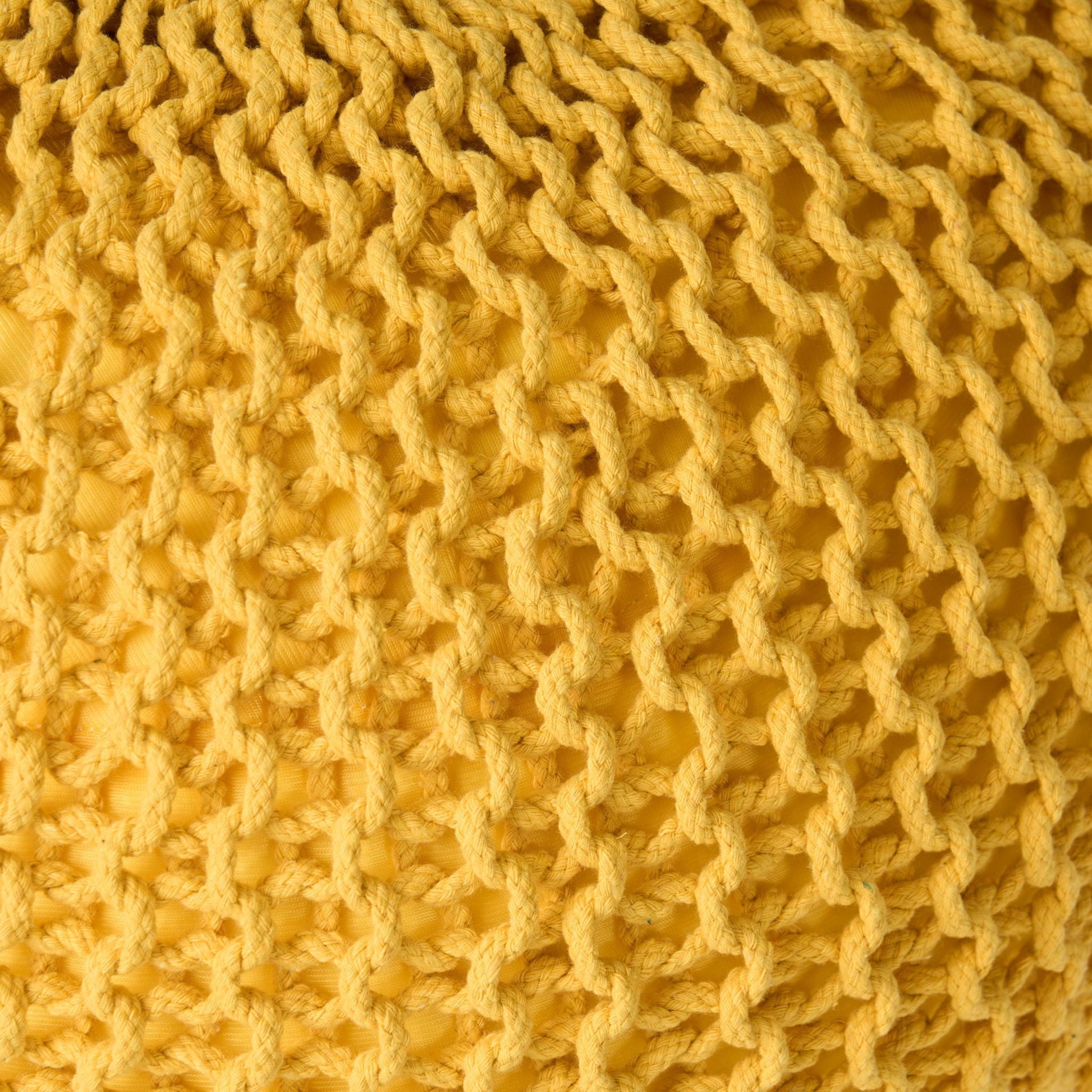 Bordeaux knitted cotton round pouf ottoman floor cushion with chunky yellow rope texture on Tampa Home & Garden Store