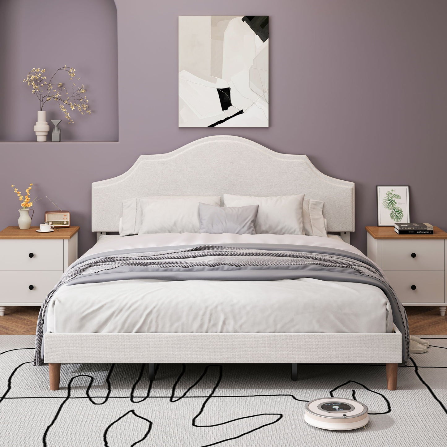 King Upholstered Platform Bed Frame in White