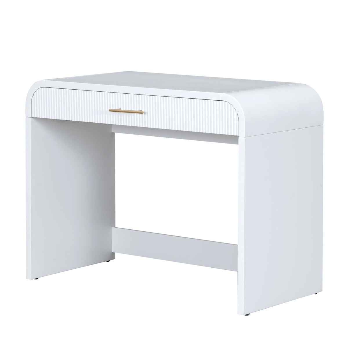 White vanity desk with ribbed drawer front, gold drawer pull, rounded top edges on Tampa Home & Garden Store