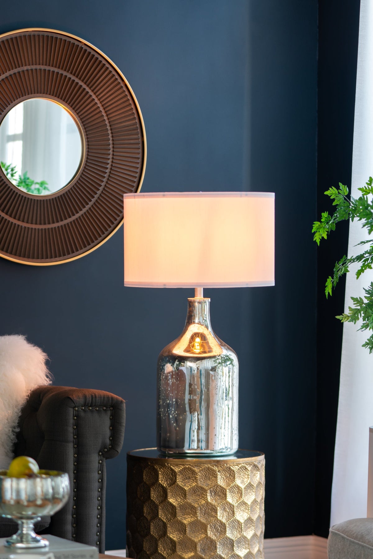 Silver round table lamp with white fabric shade and mercury glass base by HouseOfZazla on Tampa Home & Garden Store