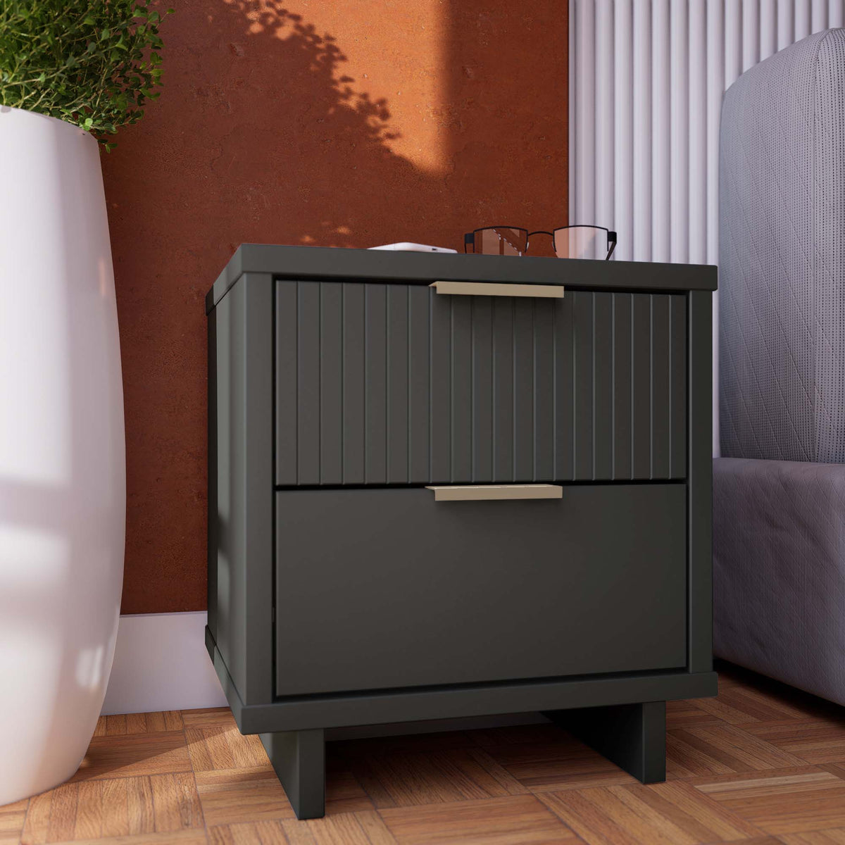 Granville 2-drawer nightstand in dark solid wood with grooved top and brass pulls on Tampa Home & Garden Store
