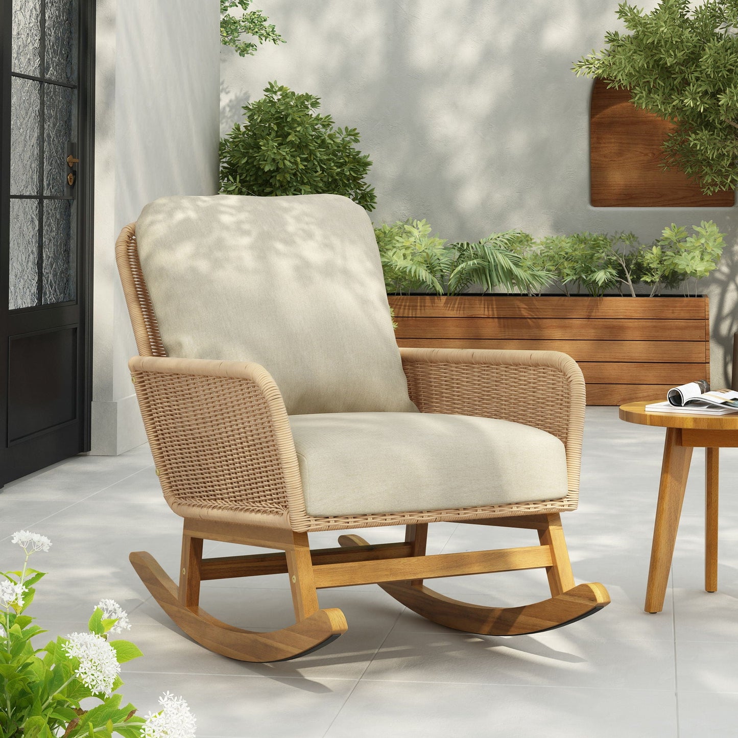 Contemporary Minimalist Wicker Rocking Chair with soft beige cushions by HouseOfZazla on Tampa Home & Garden Store