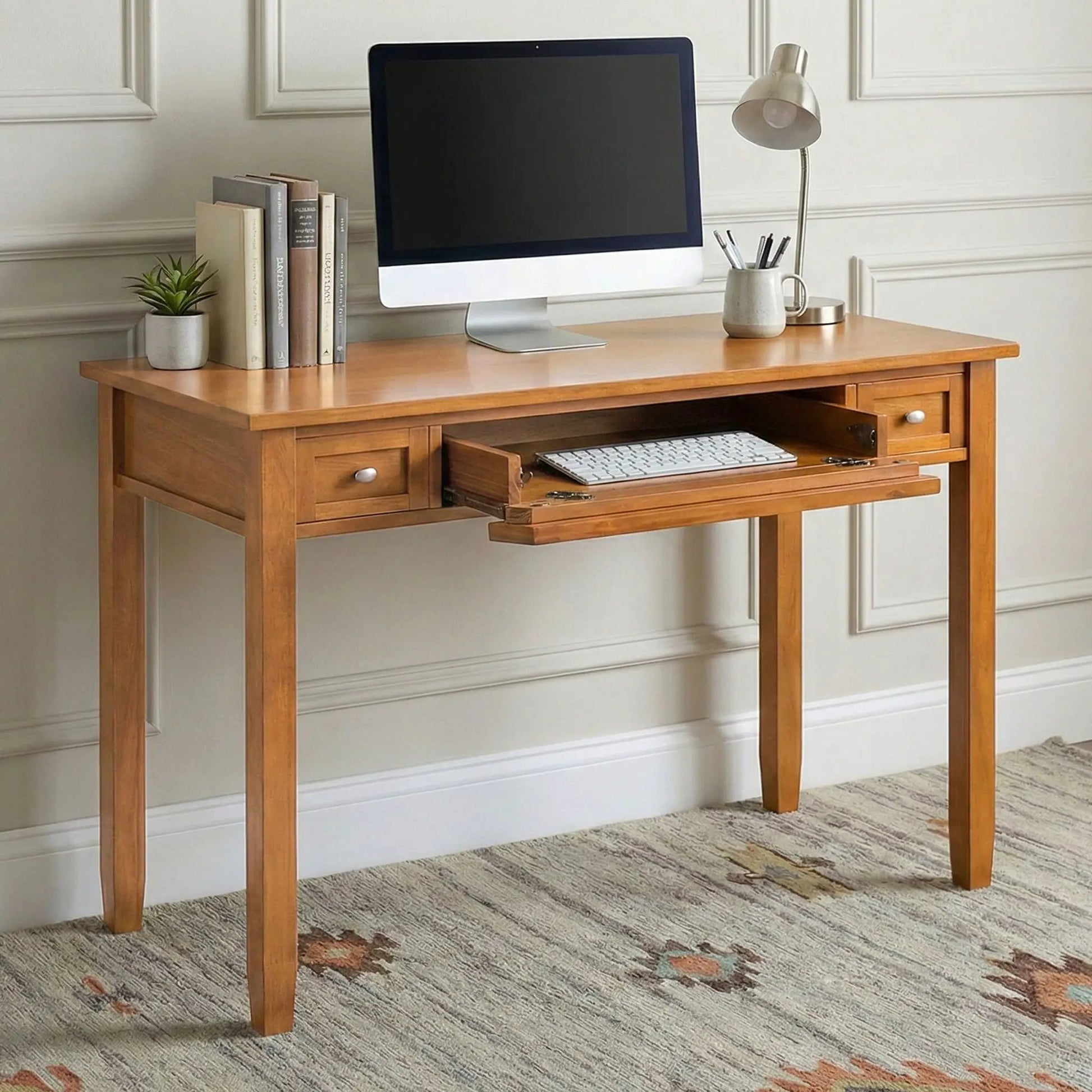 Warm Shaker Handcrafted Desk in oak finish compact writing desk with keyboard tray and monitor on Tampa Home & Garden Store