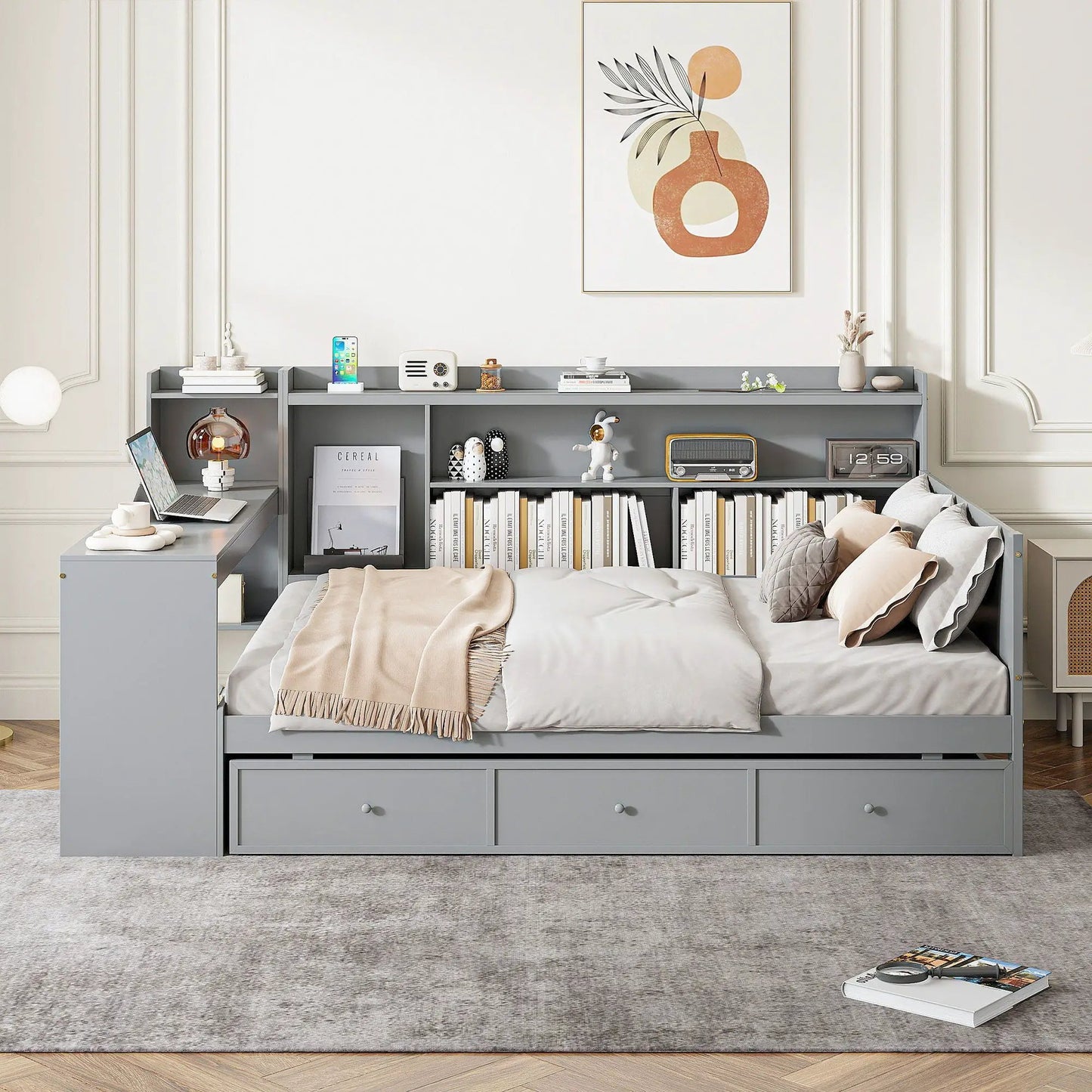 Gray daybed with 3 drawers and integrated desk, storage bed by Unique Piece Furniture on Tampa Home & Garden Store