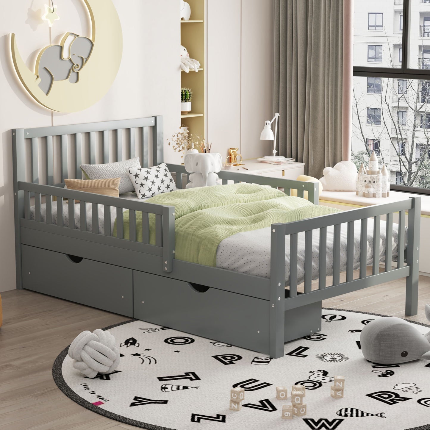 Gray platform bed with guardrails on both sides and two storage drawers HouseOfZazla on Tampa Home & Garden Store