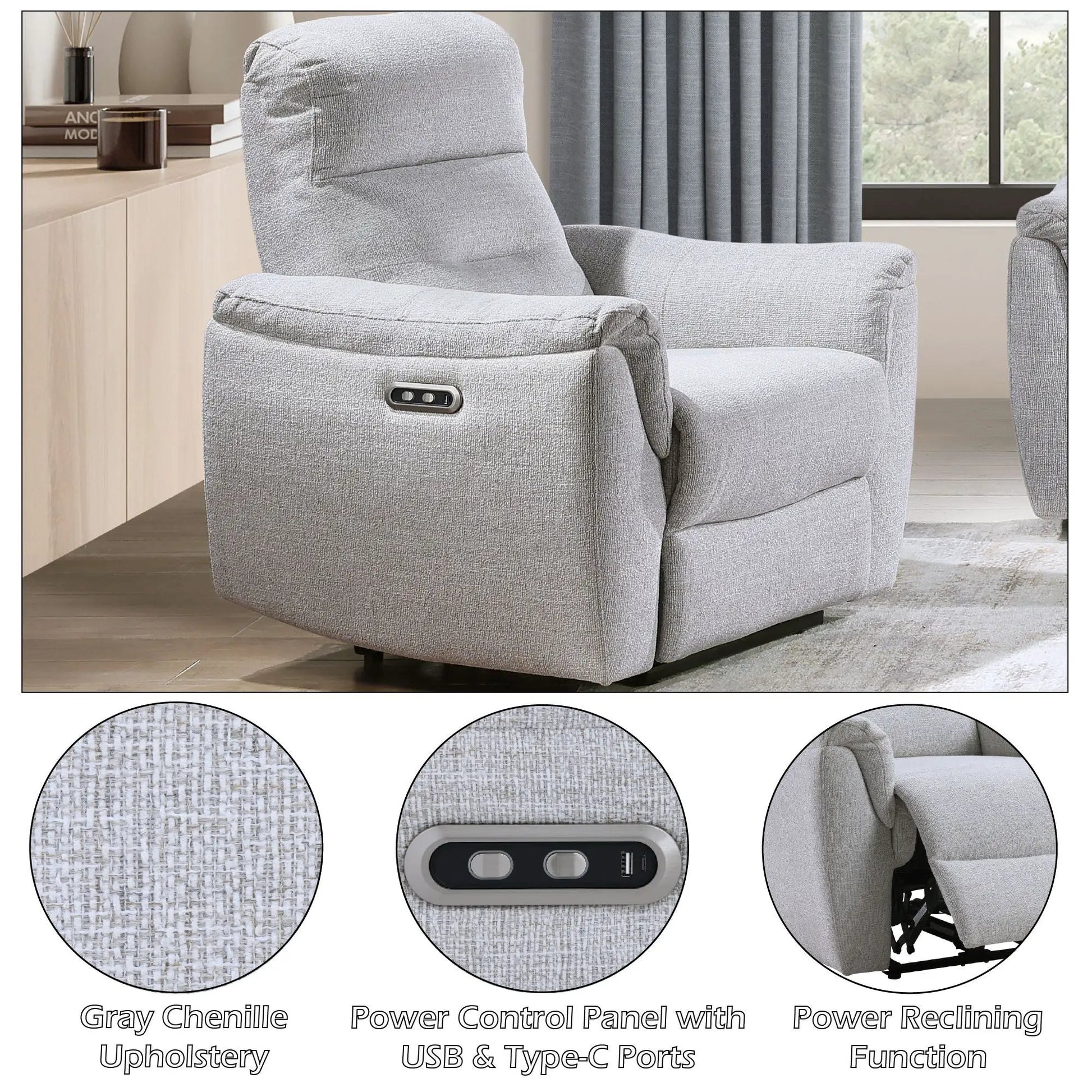 Eastre power motion recliner with USB port in gray chenille upholstery on Tampa Home & Garden Store