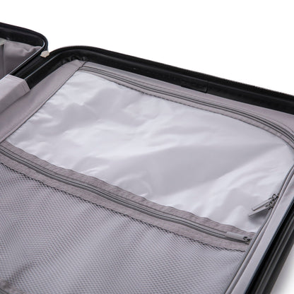 HouseOfZazla spinner luggage interior with gray lining, zippered pocket and mesh organizer on Tampa Home & Garden Store