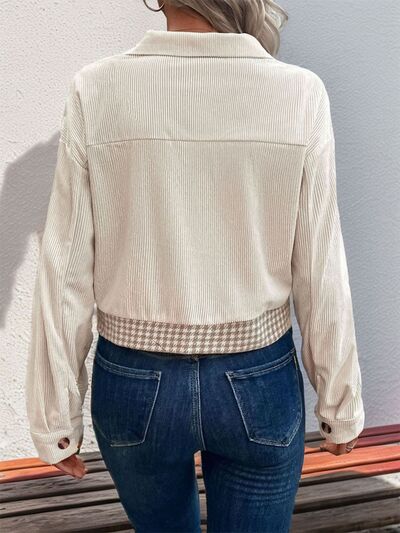 Women's cream corduroy button-up jacket with houndstooth hem cropped lightweight outerwear on Tampa Home & Garden Store