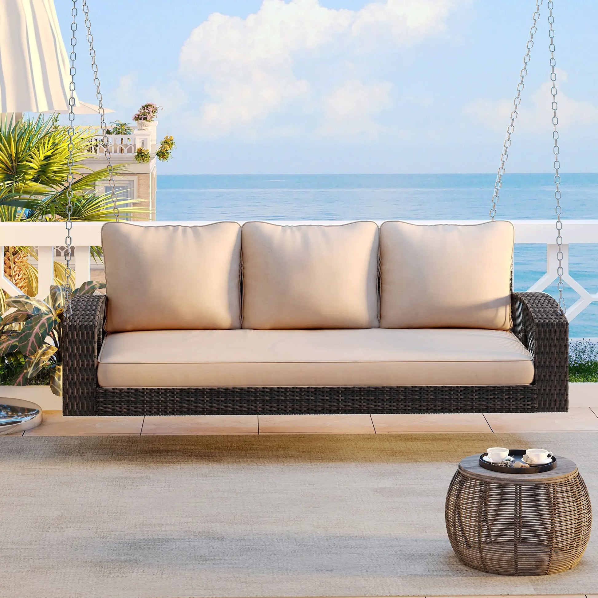 3-person patio swing bench with beige cushions on a dark wicker frame on Tampa Home & Garden Store