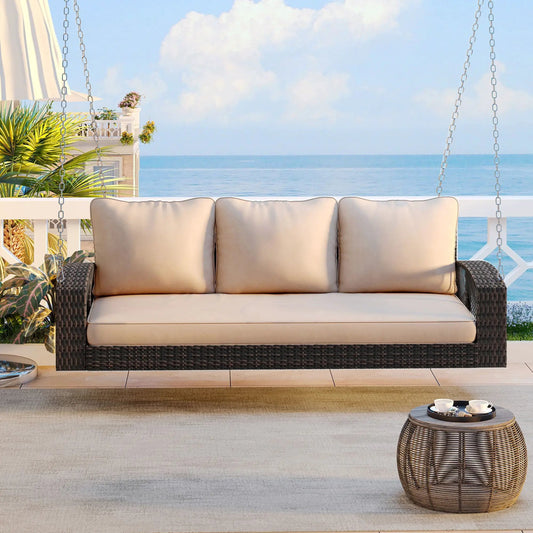 3-person patio swing bench with beige cushions on a dark wicker frame on Tampa Home & Garden Store