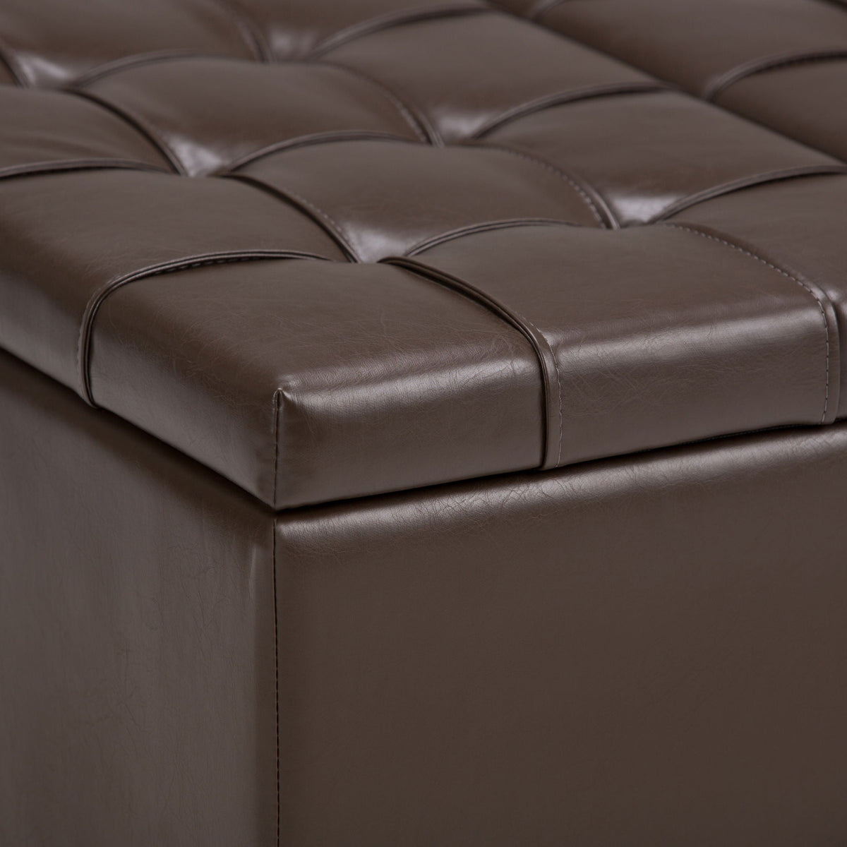 Harrison Tufted Lift Top Storage Ottoman brown leather close-up tufted panels on Tampa Home & Garden Store