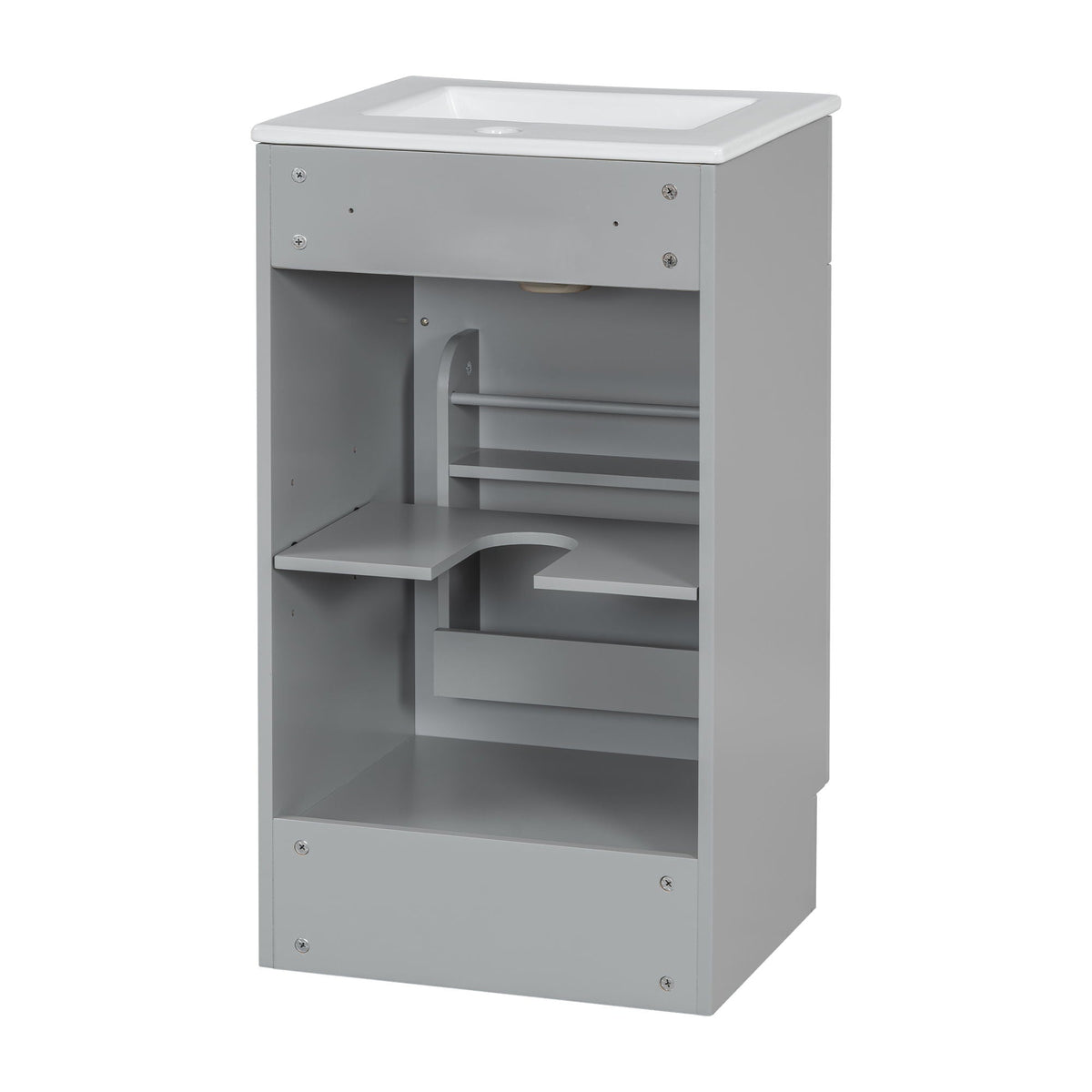 Bathroom vanity with white sink in gray cabinet featuring adjustable shelf and open storage on Tampa Home & Garden Store