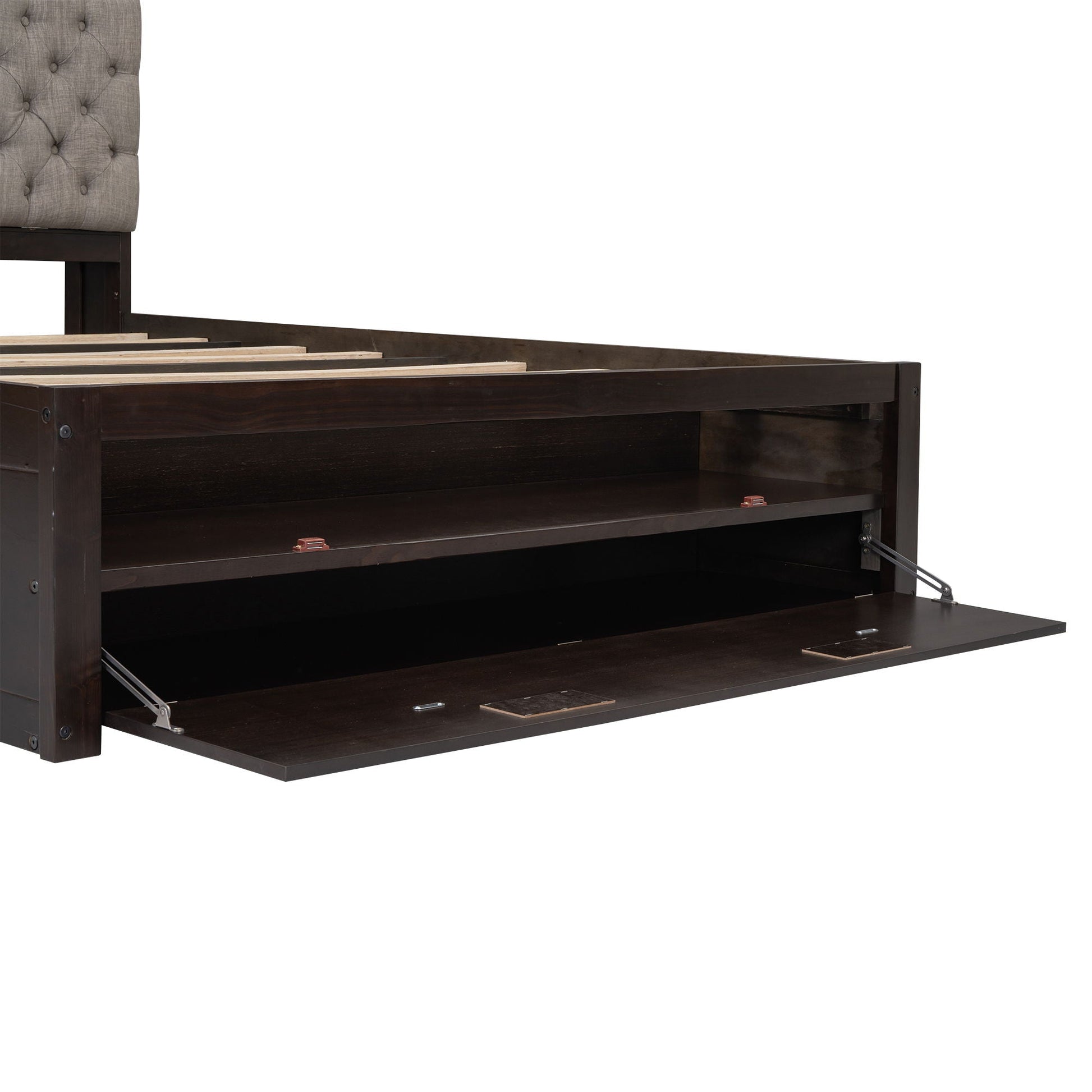Platform bed frame in dark wood with a gray tufted headboard and exposed slat system on Tampa Home & Garden Store