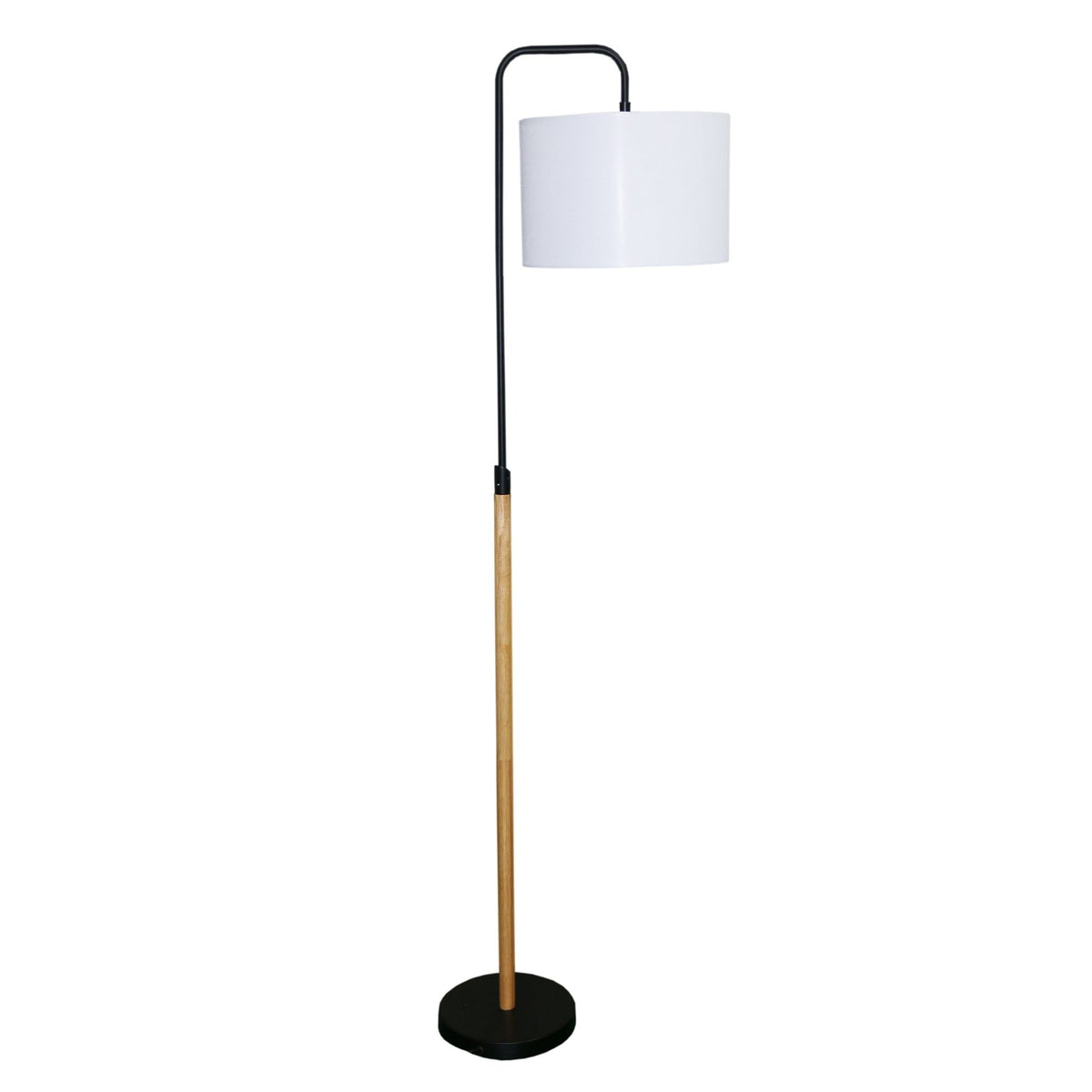 Lior Arc Floor Lamp with Cylinder Shade, black metal arc and wooden stem, white shade on Tampa Home & Garden Store