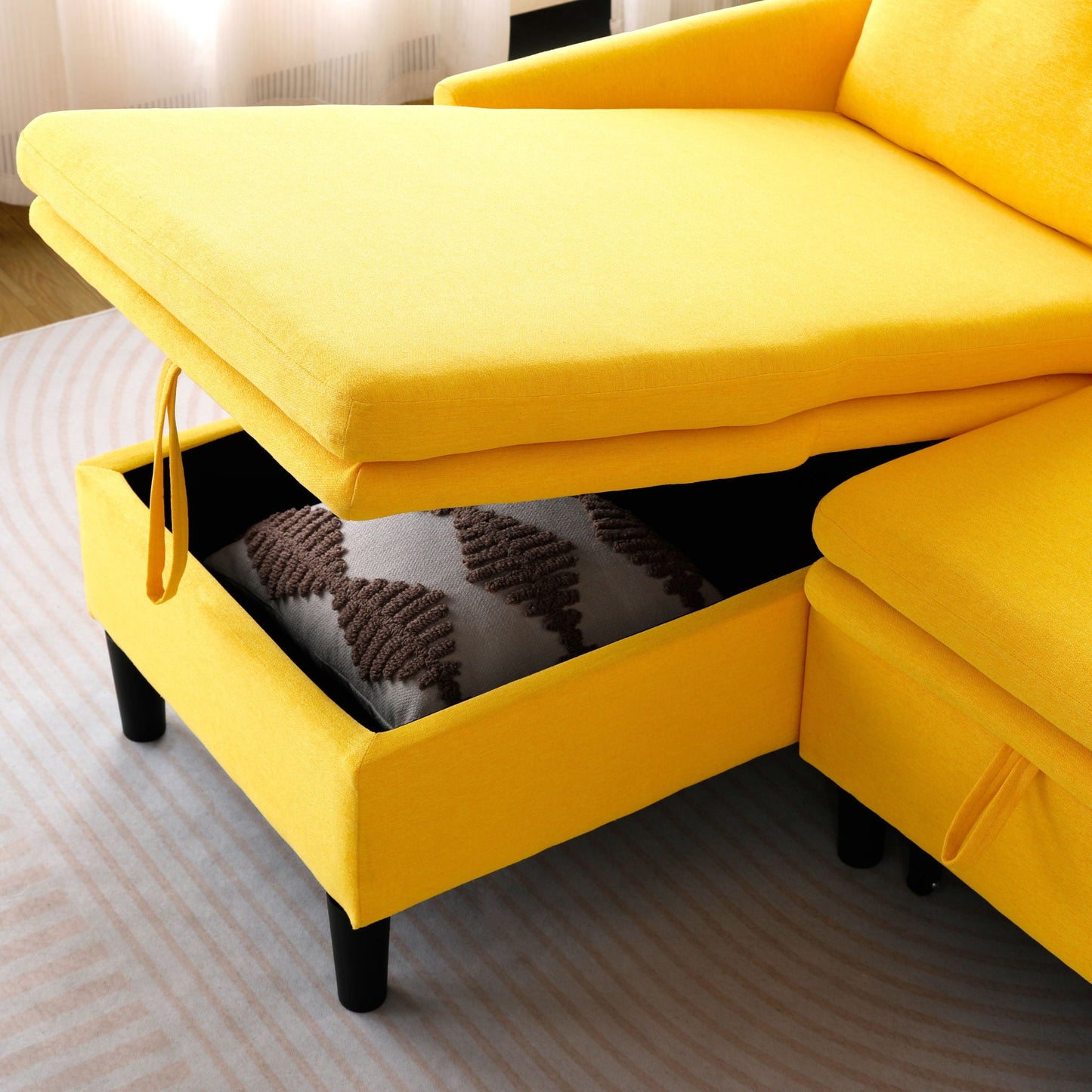 L-Shaped Reversible Chaise Sectional Sofa with Storage in bright yellow fabric with black legs on Tampa Home & Garden Store