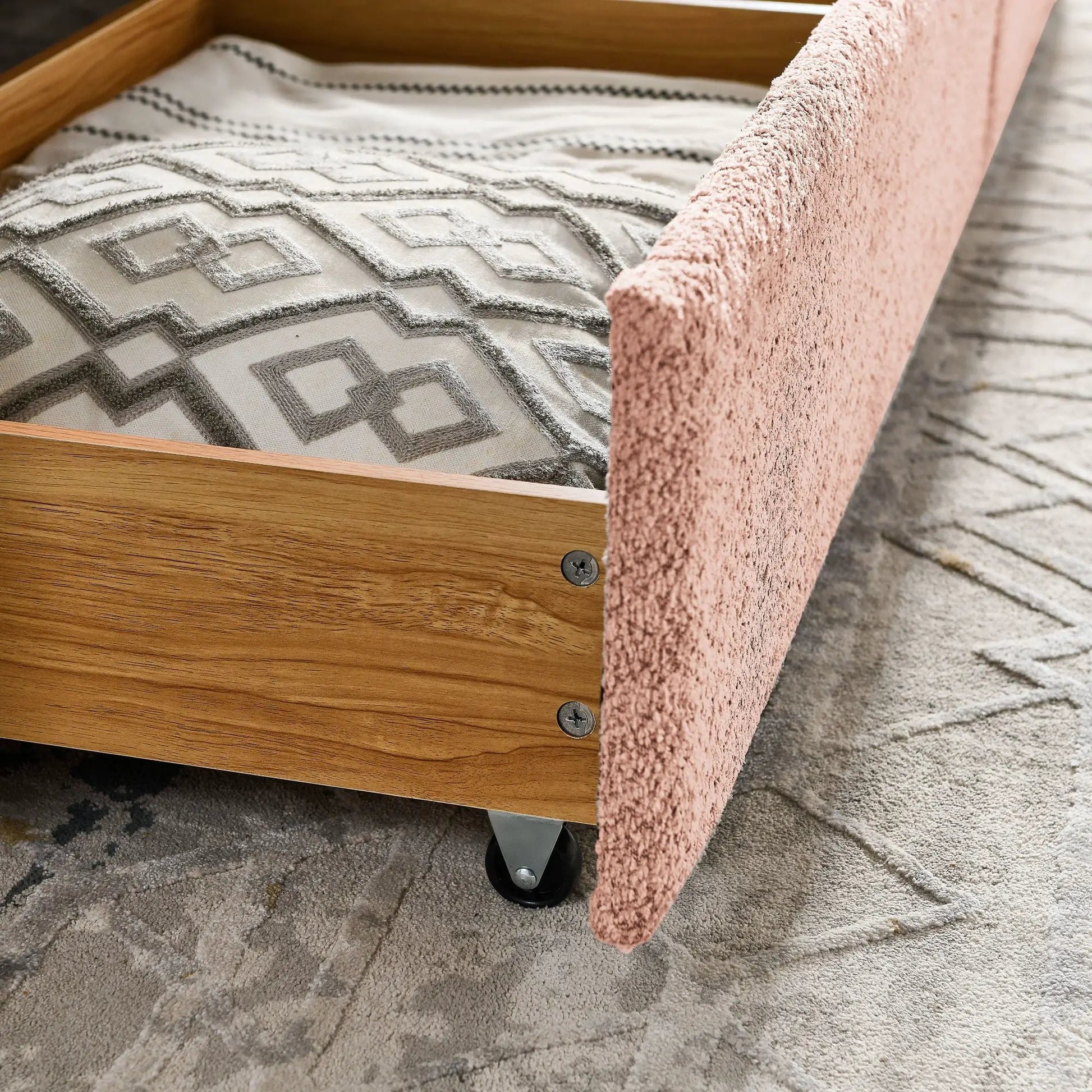 Upholstered daybed by Unique Piece Furniture with pink fabric sides, wood frame, 2 drawers on Tampa Home & Garden Store