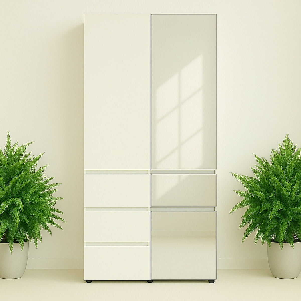 Slim modular closet cabinet with mirror, white finish, HouseOfZazla triple wardrobe on Tampa Home & Garden Store