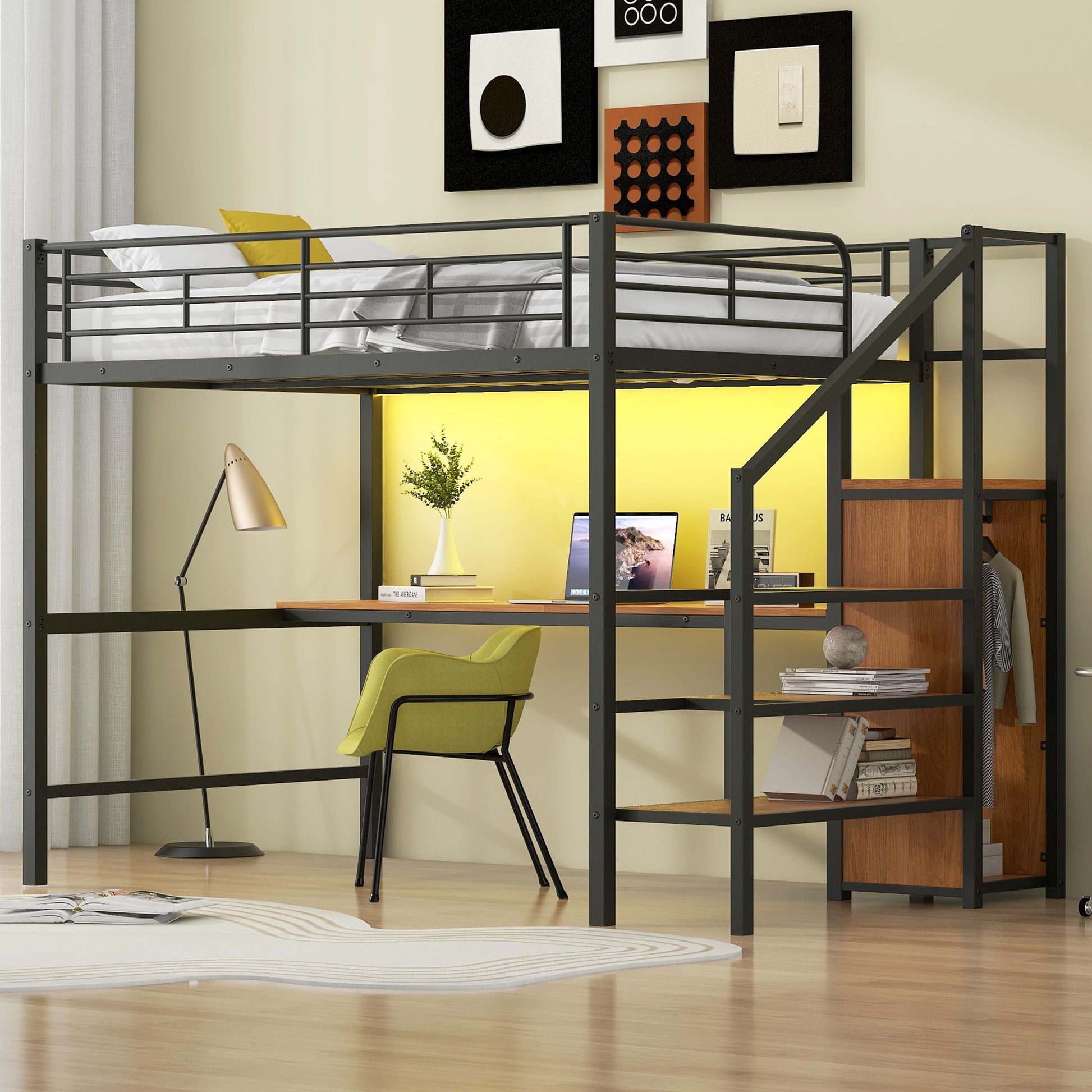 Loft bed with desk, storage staircase and wardrobe in black metal with LED by HouseOfZazla on Tampa Home & Garden Store