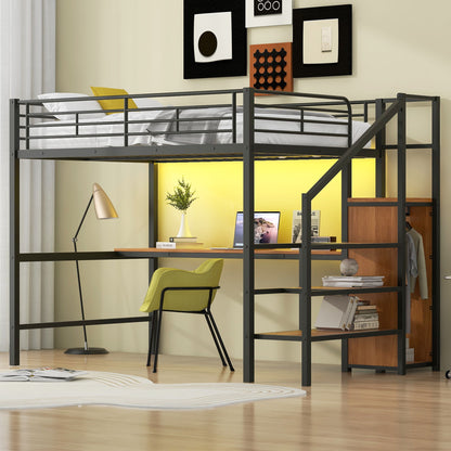 Loft bed with desk, storage staircase and wardrobe in black metal with LED by HouseOfZazla on Tampa Home & Garden Store