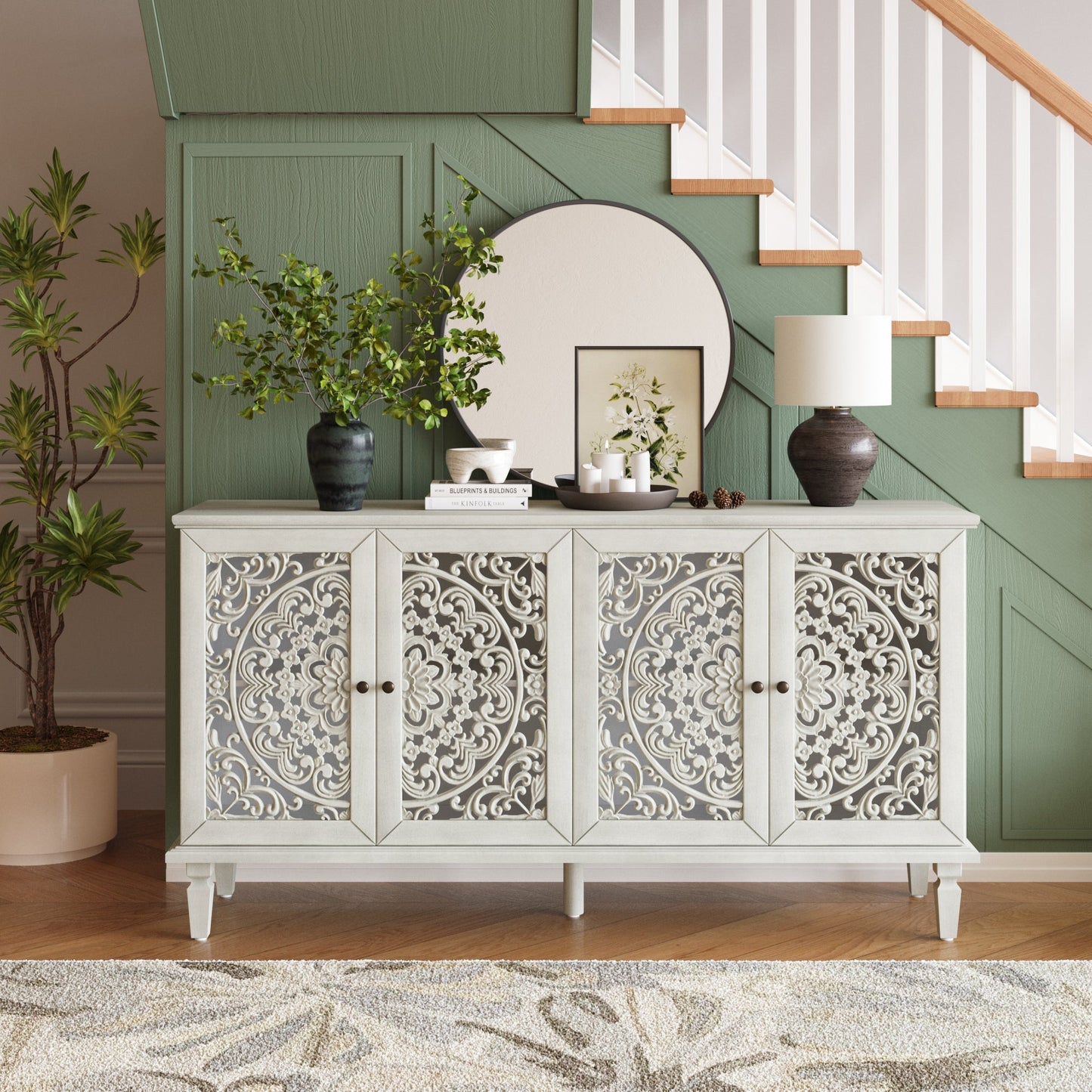 60-inch antique buffet cabinet with floral carvings and solid wood legs by HouseOfZazla on Tampa Home & Garden Store