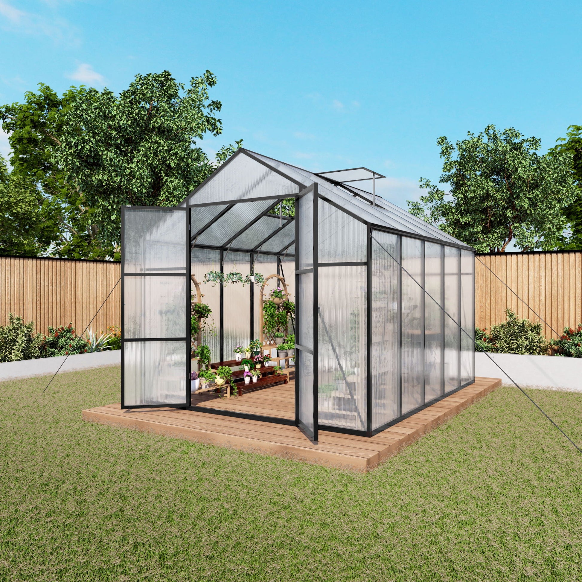 HouseOfZazla greenhouse with black metal framing and translucent panels on wooden deck on Tampa Home & Garden Store